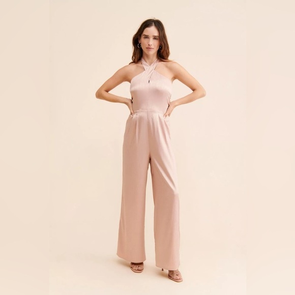 Anthro Du Paradis Cross-Neck Wide Leg Halter Champagne Satin Jumpsuit Sz L - Picture 1 of 10